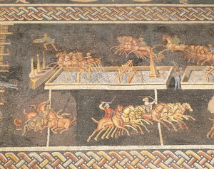 Mozaïekwerk dat de spelen van het circus uitbeeldt, Quadriga-race door Roman