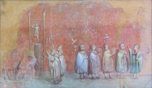 Frescofragment van een kalender die kinderen in een processie uitbeeldt, mogelijk de vieringen van de verjaardag van keizer Severus en de maand april vertegenwoordigt, derde eeuw na Christus door Roman