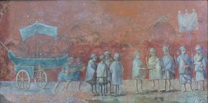 Frescofragment van een kalender die de navigatie van Isidis uitbeeldt, een propitiatoir festival aan het begin van een reis en de maand maart voorstellend, derde eeuw na Christus