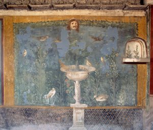 Fresco met fontein, masker en vogels, Huis van Venus in Schelp, Pompeii (Unesco Werelderfgoedlijst) door Roman