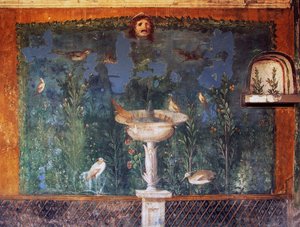 Fresco met fontein, masker en vogels, Huis van Venus in schelp, Pompeii, Campania, Italië, Romeinse beschaving door Roman