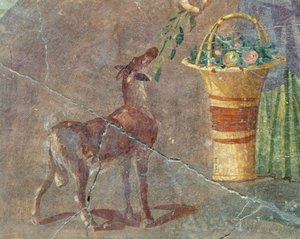 Geit en mand met fruit, fresco uit Pompeii, Campania, Italië, Romeinse beschaving door Roman