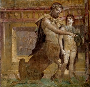 Griekse mythologie: de centaur Chiron en Achilles als kind. Fresco uit de Basiliek van Herculanum. Romeinse kunst Napels, Museo Archeologico Nazionale door Roman