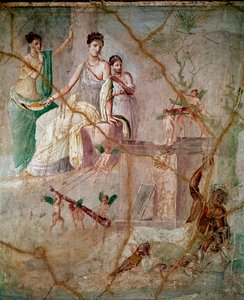 Herakles en Omphale (Hercules en Omphale) Romeinse fresco van de 3e Pompeiaanse stijl uit Pompeii (fresco uit Pompeii) 40-60 n.Chr. Dim 88x103 cm bewaard in het Nationaal Archeologisch Museum van Napels, Italië