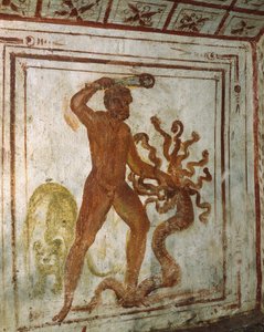 Hercules en de Lernaeaanse Hydra, fresco, Via Latina Catacombe, Rome, Italië, 4e eeuw