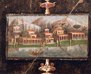 Landschap en architectuur in muurschildering in tablinum, Huis van Marco Lucrezio Fronto, Pompeii door Roman