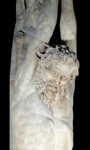 Marteling van Marsyas hangend aan een dennenstam. Detail door Roman