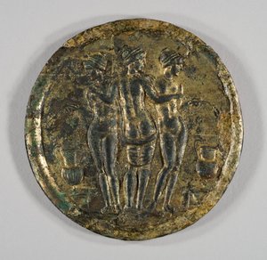 Spiegel met Voorstelling van de Drie Gratiën, 2e eeuw (Zilver, verguld brons) door Roman