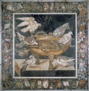 Mozaïek uit Pompeii met een groep duiven op de rand van een labrum door Roman