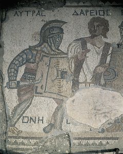 Schilderij van twee gladiatoren op een mozaïekmuur, Kourion, Limassol, Cyprus door Roman