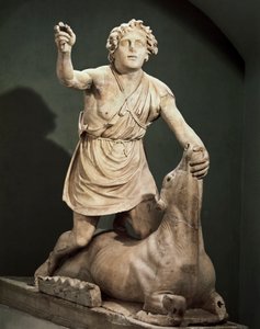 Pentelische marmeren Mithra die een stier doodt, gesigneerd door Kriton van Athene, uit Mithraeum van de Baden van Mithra, Ostia Antica