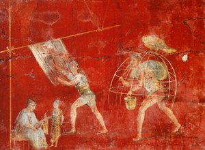 Zuilfresco dat wolproductie afbeeldt, uit Pompeii, Fullonica van Veranio Ipseo door Roman