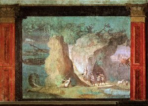 ROMEINSE KUNST: Scène uit de Odyssee. Odysseus in het paleis van Crce. Fresco van..., 50-40 v. Chr. (fresco) door Roman