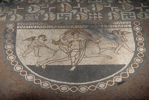 De verkrachting van Europa, vloermozaïek uit Lullingstone Romeinse Villa, ca. 82 AD, Eynsford, Kent, Engeland, Verenigd Koninkrijk, Romeinse beschaving door Roman