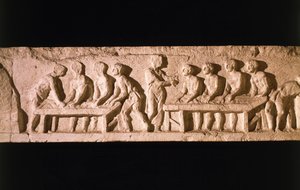 Reliëf dat een bakkerij afbeeldt, uit het graf van Eurysaces de Bakker, bij Porta Maggiore, Rome, 50-20 v.Chr.