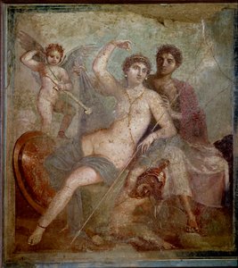 Voorstelling van Ares en Aphrodite, vergezeld door liefdes die spelen met de wapens van de god. Fresco uit de Villa van Mars en Venus in Pompeii. 1e eeuw n.Chr. Archeologisch Museum van Napels