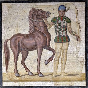 Representatie van de vier facties van het Romeinse circus: de Groenen (factio prasina). De facties waren clubs die deelnamen aan circuswedstrijden in het Hoge Rijk (1e eeuw na Chr.) en gekenmerkt werden door een kleur. Mozaïek, Rome Museo nazionale Romano. door Roman