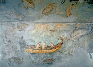 Romeinse kunst: vissers op een boot Fresco uit een huis gelegen nabij een rivierhaven van Rome. 131 AD. Rome, Museo Nazionale Romano (o delle Terme)