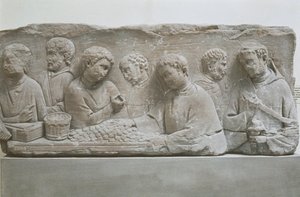 Romeinse grafsteen met een scène van belastingbetaling, Neumagen-Dhron, Duitsland