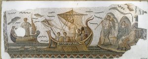 Romeinse oudheid: Odysseus op zijn boot weerstaat het lied van de Sirenen (Odyssee van Homerus) Mozaïek. 250-270 n.Chr. Tunis, Nationaal Bardo Museum door Roman