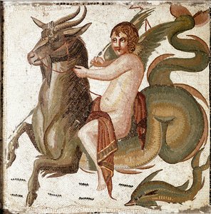 Romeinse kunst: Cupido rijdt op een zeedier Mozaïek uit een villa van de familie van keizer Septimius Severus. Eind 2e eeuw n.Chr. Rome, Museo Nazionale Romano door Roman