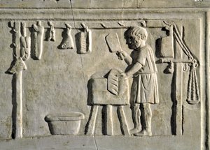 Romeinse kunst: een slager in zijn winkel Bas-reliëf, Romeinse beschaving, 2e eeuw n.Chr., Rome, Museum van de Romeinse Beschaving - Slager aan het werk in zijn winkel - Steenreliëf, 2e eeuw n.Chr. - Rome, Museum van de Romeinse Beschaving door Roman