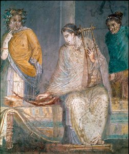 Romeinse kunst: een citharist. Fresco van de site van Castellammare di Stabia nabij Napels. 1e eeuw n.Chr. (fresco) door Roman