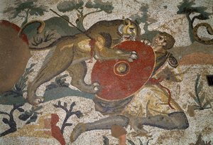Romeinse kunst: een jager aangevallen door een leeuwin beschermt zichzelf met zijn schild