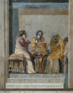 Romeinse kunst: een heks en de bereiding van een magische drank. Mozaïek naar het origineel van Dioscorides van Samos (2e eeuw v.Chr.) in het huis van Cicero in Pompeii. door Roman