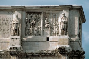 Romeinse kunst: laag marmeren reliëf dat de verdeling van subsidies aan het volk en de overgave van een barbaarse leider voorstelt