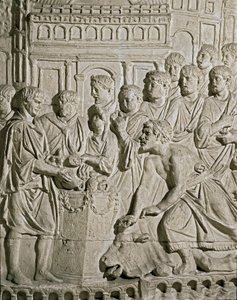 Romeinse kunst: laag reliëf dat Sarmatische burgers toont die eerbetoon brengen aan de Romeinen. Van de reliëfs van de zuil van Marcus Aurelius. 2e eeuw n.Chr. Rome, Museo della Civiltà Romana door Roman