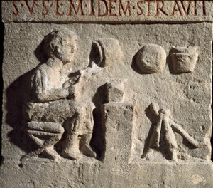 Romeinse kunst: laag reliëf dat een pottenbakker voorstelt. 1e eeuw n.Chr. Rome, Museum van de Romeinse Beschaving