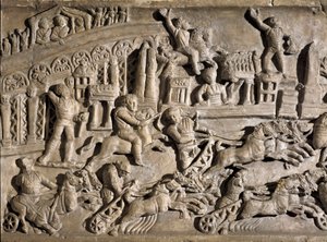 Romeinse kunst: laag reliëf dat wagenrennen voorstelt in het Circus Maximus in Rome. 2e eeuw n.Chr. Rome, Museo della Civilta Romana