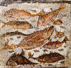 Romeinse kunst: mozaïek die vissen voorstelt. 1e of 2e eeuw na Christus. Van Villa dei Settimii aan de Via Cassia. Rome, Museo Nazionale Romano door Roman