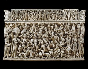 Romeinse kunst: scène van gevechten tussen Romeinse krijgers en barbaren tijdens de Marcomannenoorlogen. Reliëf van de sarcofaag genaamd Portonaccio van een generaal van Marcus Aurelius. 180-190. Rome, Museo Nazionale Romano (o delle Terme) door Roman