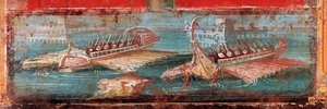 Romeinse oorlogsschepen bij de ingang van een haven (fresco) door Roman