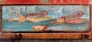 Romeinse oorlogsschepen bij de ingang van een haven