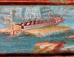 Romeinse oorlogsschepen bij de ingang van een haven