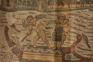 Halfrond Portiek, vloermozaïek, Villa Romana del Casale, Piazza Armerina, Sicilië, Italië (foto) door Roman