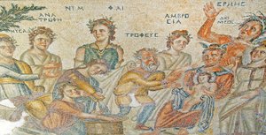 De presentatie van baby Dionysus door Hermes aan Silenus. Huis van Aion, Paphos, Cyprus