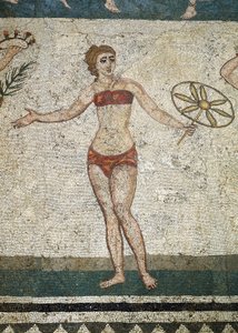 Jonge Romein bezig met fysieke oefeningen. (Detail van mozaïek, 315-350 AD)