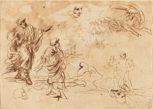 Studies voor een Bijbelse scène met God de Vader die verschijnt aan een bebaarde mannelijke figuur door Roman 17th Century