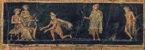 De muzikale wedstrijd tussen Apollo en Marsyas, 1e helft 1e eeuw na Christus door Roman Pompeian wall painting.
