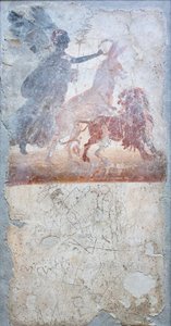 Een ezel die een leeuw doorboort wordt gekroond door de godin Victoria, onder een graffito met gladiatorengevecht, insigna van een winkel door Roman Roman