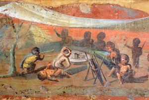 (detail) Schilderij van een scène langs de Nijl met pygmeeën, 56x217 cm, uit Pompeii, UNESCO Werelderfgoedlijst door Roman Roman