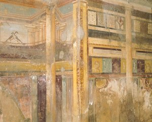 Detail van fresco, deel van muurschilderingen, Huis van het Labyrint, Pompeii, Campania, Romeinse beschaving