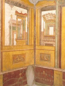 Detail van fresco muur in faux architectuur, Huis van Vettii, Pompeii, Campania, Romeinse Beschaving door Roman Roman