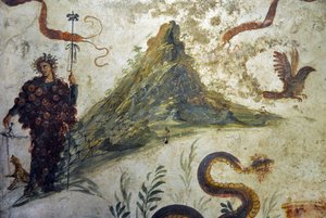 Dionysos gekleed in druiventrossen staand voor de Vesuvius - Fresco uit Pompeii, casa del centenario (centenario huis) - Napels, Nationaal Archeologisch Museum