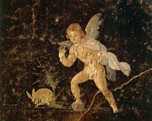 Fresco die Cupido toont die een haas jaagt uit Pompeii, provincie Napels, Italië, Romeinse beschaving door Roman Roman