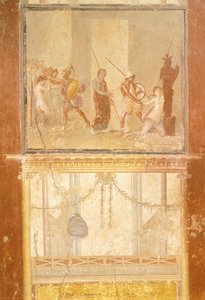Fresco met ontmoeting van Priamus, Menelaüs en Helena en Arisace die Cassandra achtervolgt, uit het Huis van Menander, Pompeii, Campania, Romeinse beschaving door Roman Roman